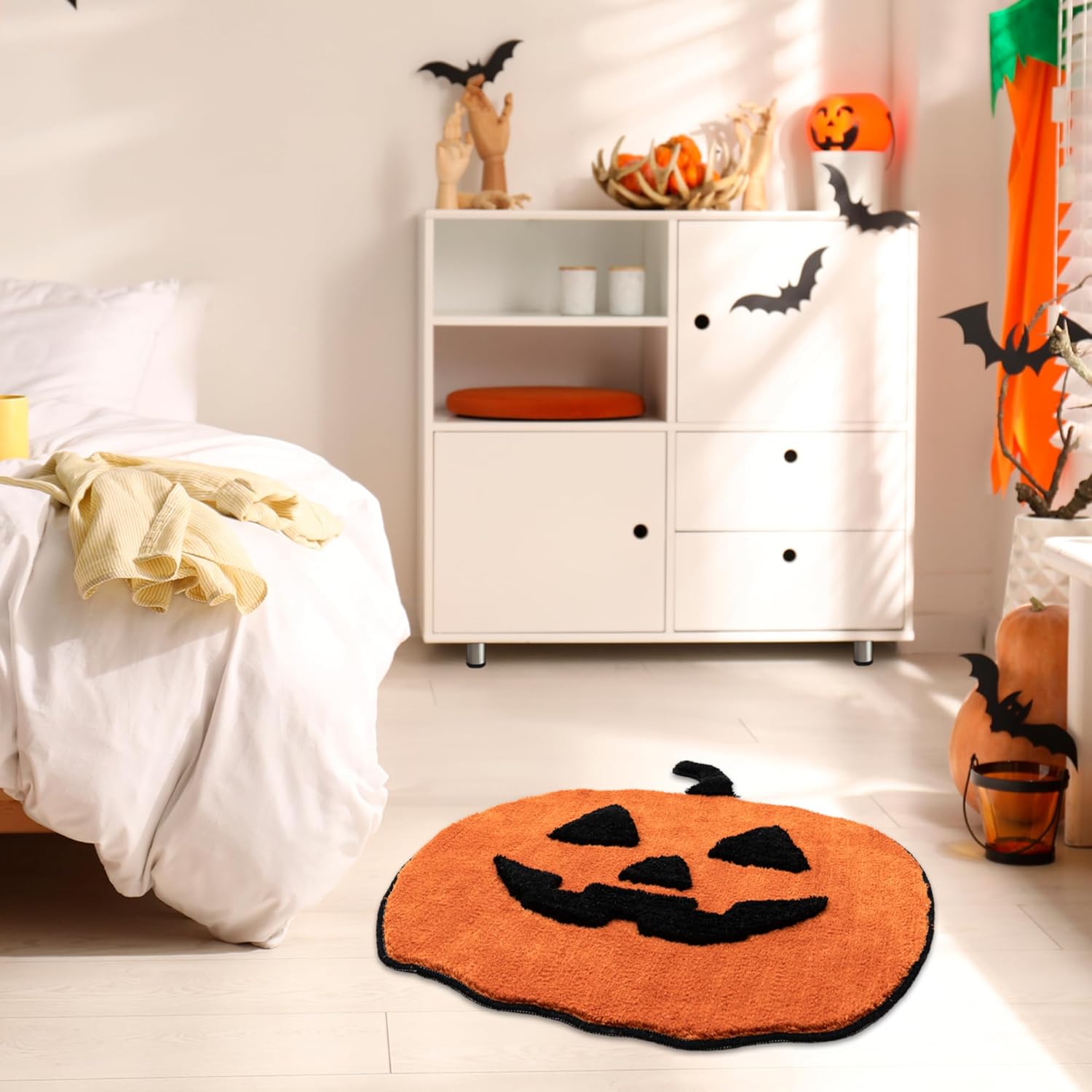 Alfombra decorativa de calabaza de 35 pulgadas, hecha a mano con diseño de calabaza esponjosa naranja, bonita alfombra suave y fresca para sala de