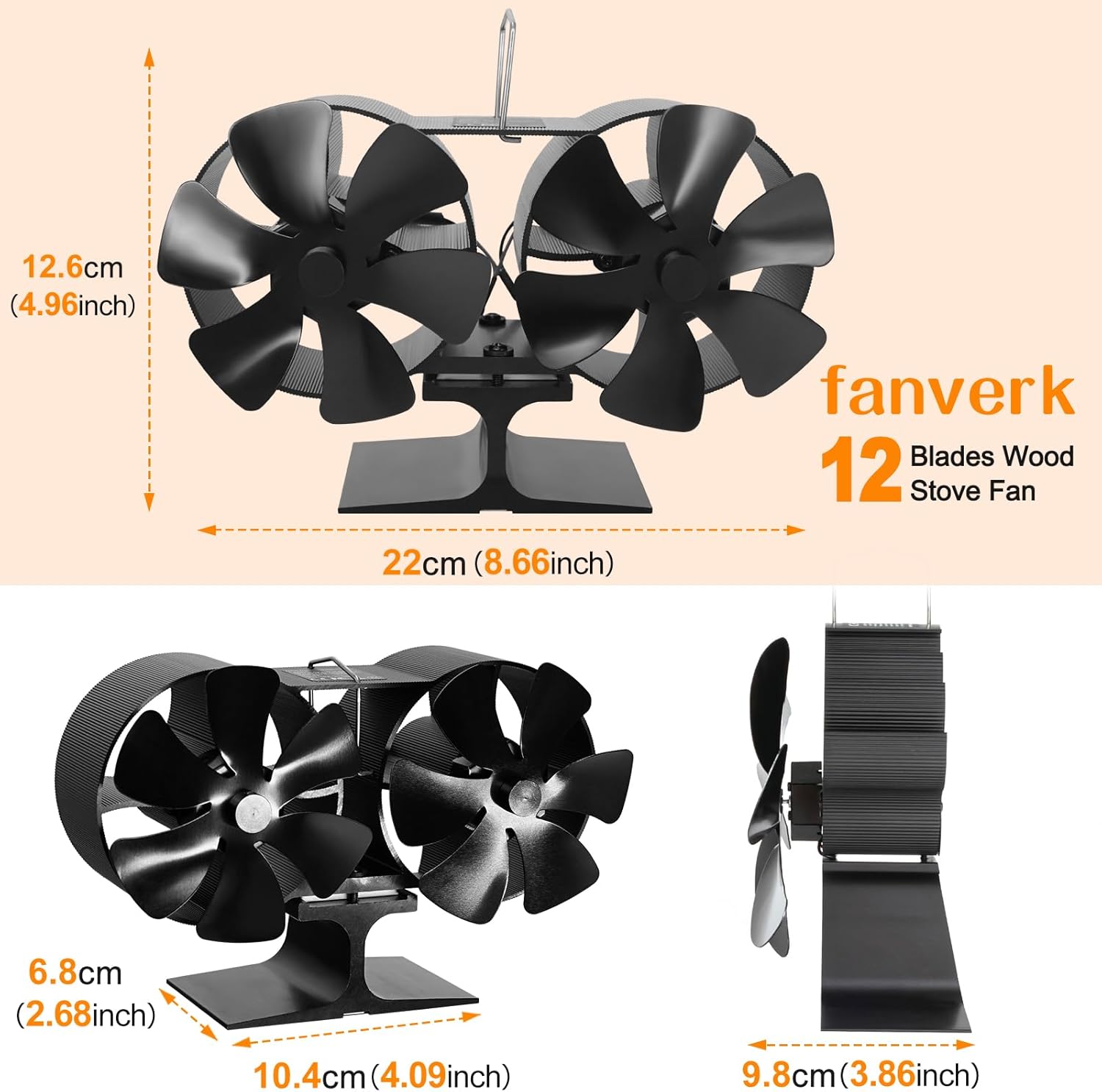 fanverk Ventilador de estufa de leña alimentado por calor de 12 aspas para leñaquemador de troncoschimenea, mejor circulación de calor eficiente