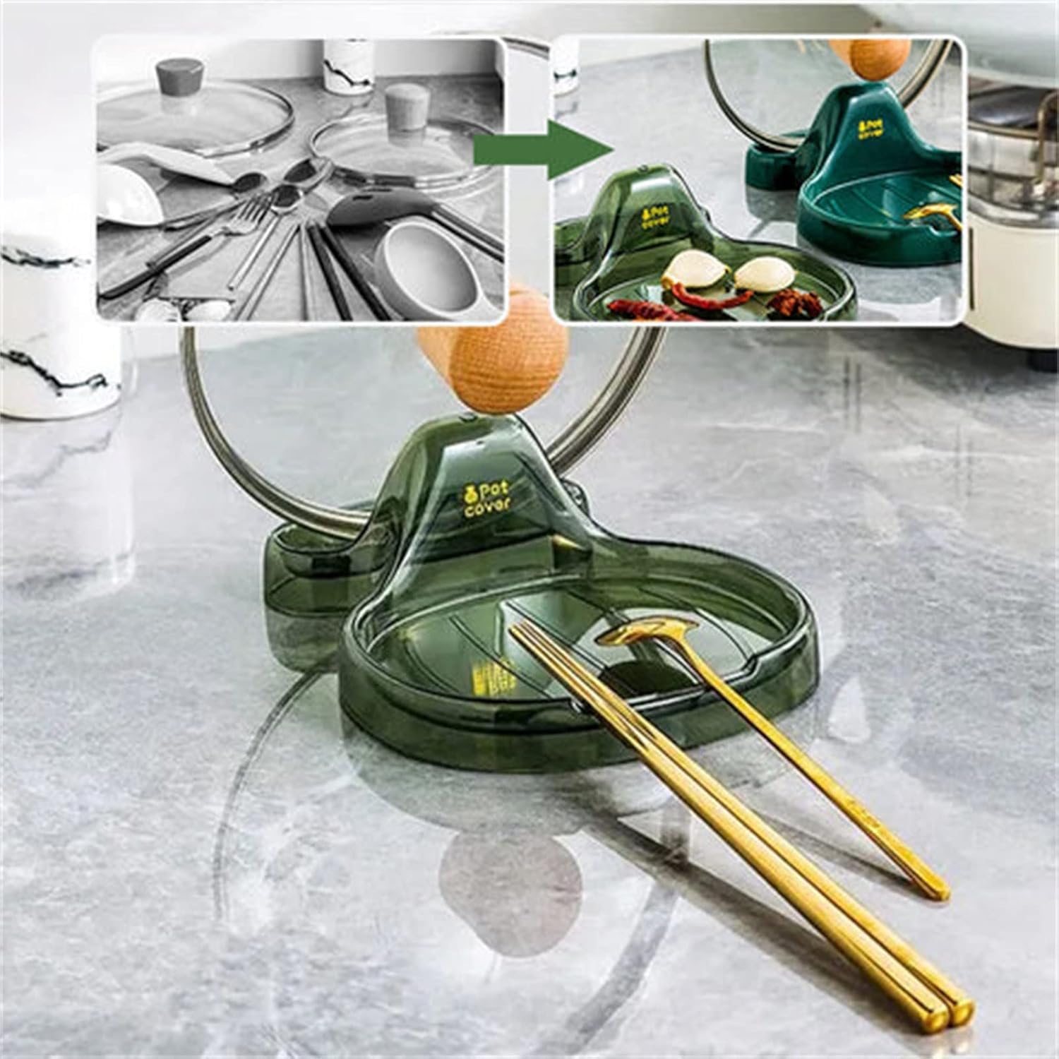 Soporte para espátula de cocina multifunción con soporte para tapa, soporte versátil para tapa de olla resistente al calor y respetuoso con el medio