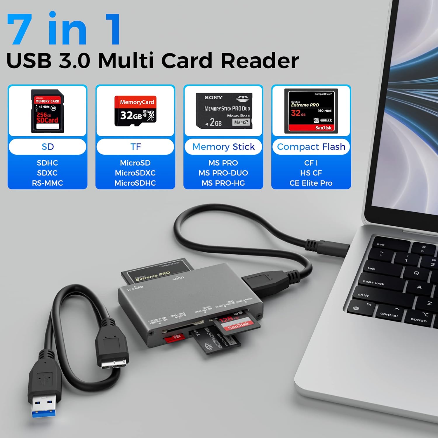 Lector de tarjetas SD 7 en 1, lector de tarjetas SD USB 3.0, adaptador de tarjeta de memoria micro SD, lector de tarjetas de cámara, (con cables USB