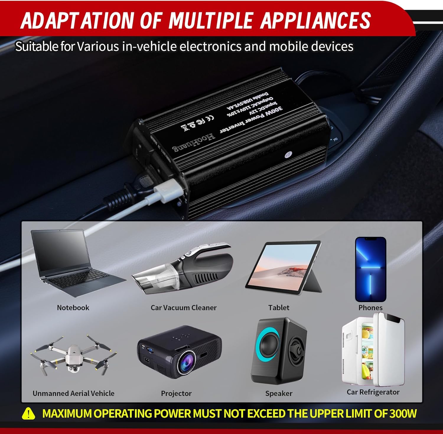 Inversor de corriente de 300 W, 12 V CC a 110 V CA Adaptador de enchufe dual para automóvil, convertidor de salida de adaptador de enchufe doble,