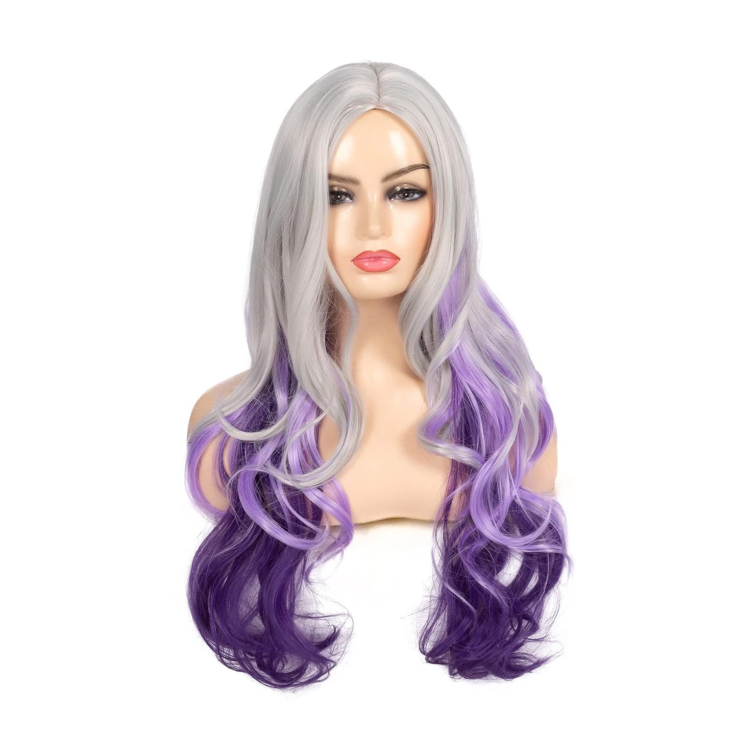 Peluca larga y rizada ondulada gris plateado a morado con parte lateral de aspecto natural sintético Cosplay peluca para mujeres