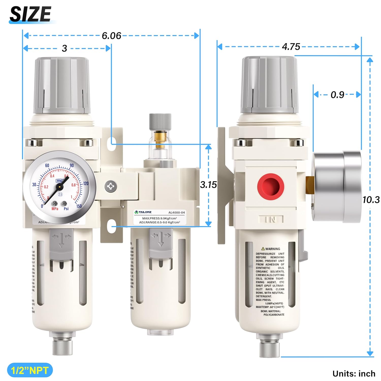 TAILONZ PNEUMATIC Filtro de aire NPT de 12 pulgada con regulador de presión de trampa de aguaaceite combinado (0-145 PSI), filtro compresor de