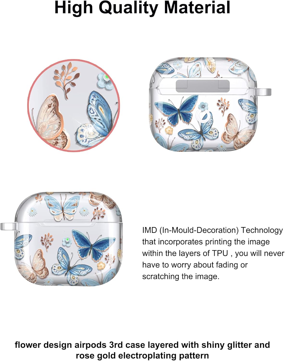JAHOLAN Funda compatible con AirPods 3, funda transparente de mariposa, bonita funda protectora suave a prueba de golpes con llavero para mujeres y