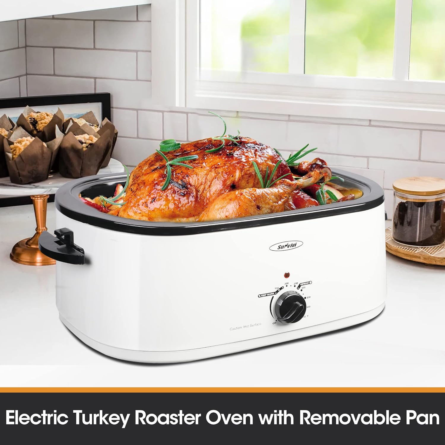 Sunvivi – Horno asador eléctrico de 22 cuartos de galón con tapa de vidrio visible, tostador eléctrico con bandeja y estante extraíbles, control de