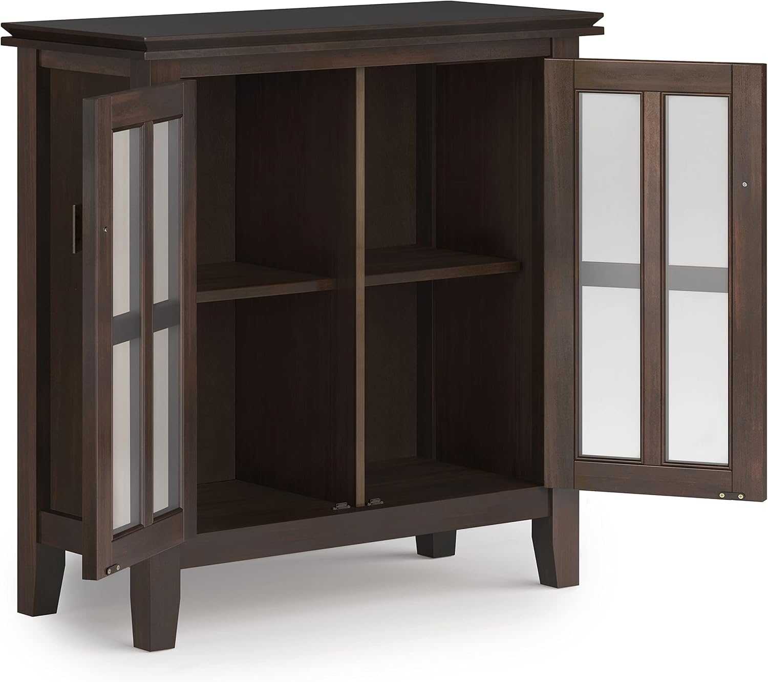 SIMPLIHOME Armario de madera maciza artesanal de 30 pulgadas de ancho contemporáneo de almacenamiento bajo en color marrón tabaco, para sala de