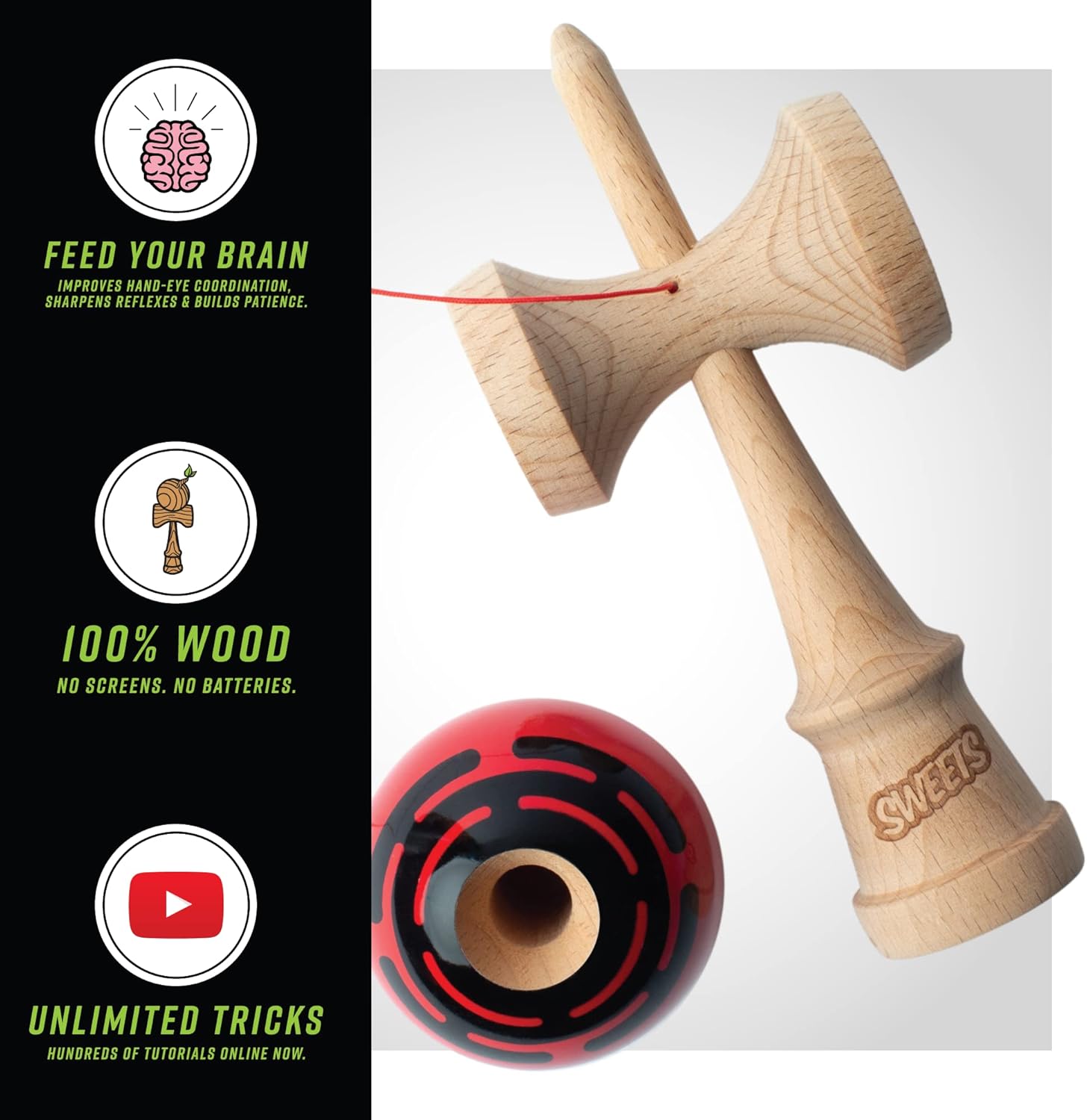Sweets Kendamas Radar Boost Kendama – Pintura adhesiva, perfecta para principiantes, paquete de regalo de accesorios de cuerda extra (rojo)