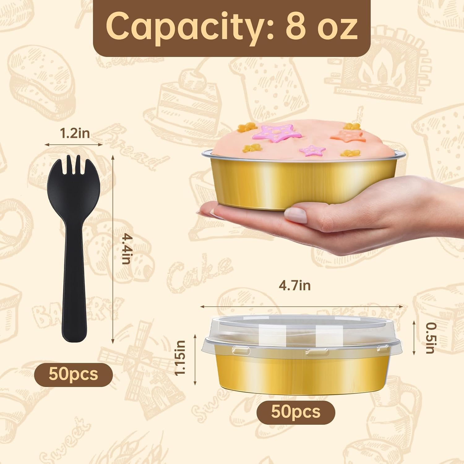 50 piezas de mini latas para tartas con tapas, moldes de aluminio de 4 pulgadas y 8 onzas, mini moldes desechables individuales para tartas, moldes