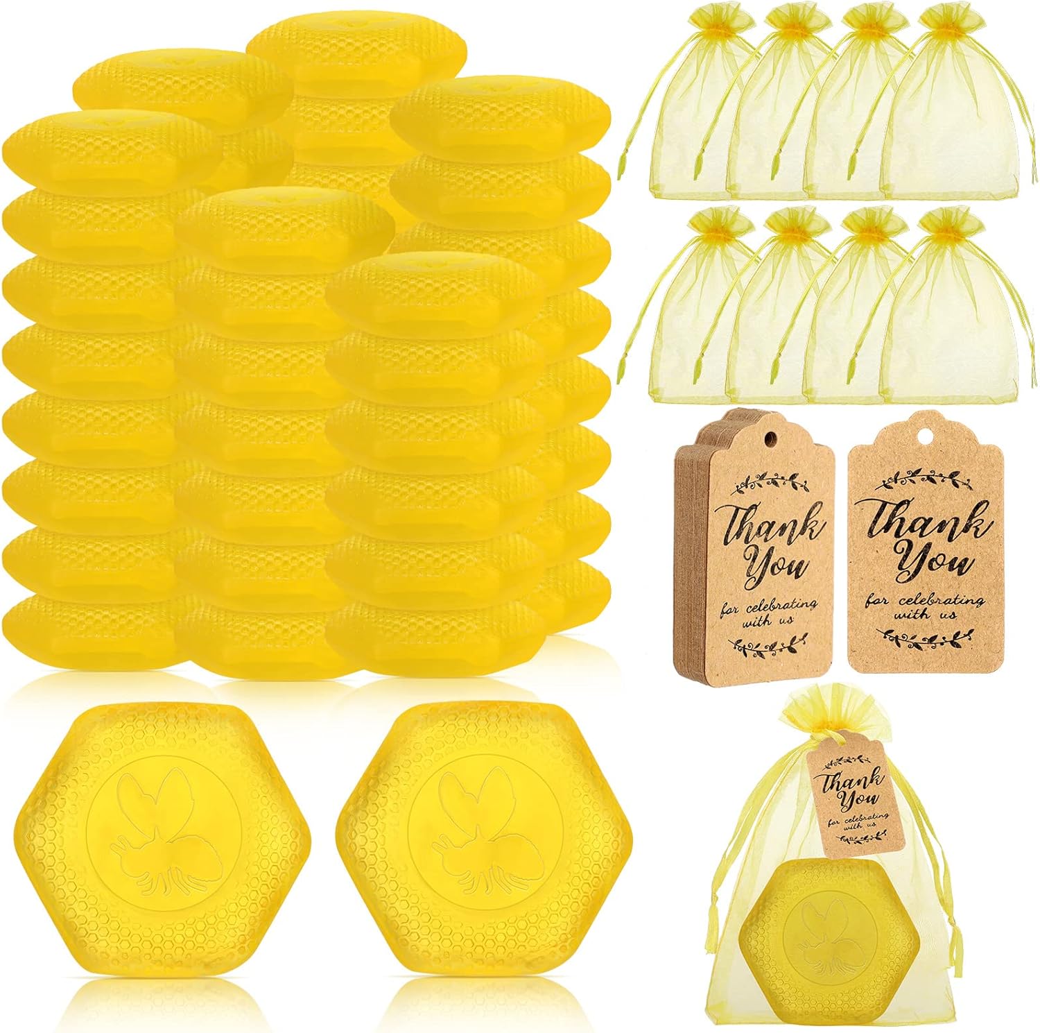 Loopeer 50 juegos de panales para baby shower con 50 bolsas de organza y 50 etiquetas de regalo de agradecimiento, mini jabones hechos a mano,