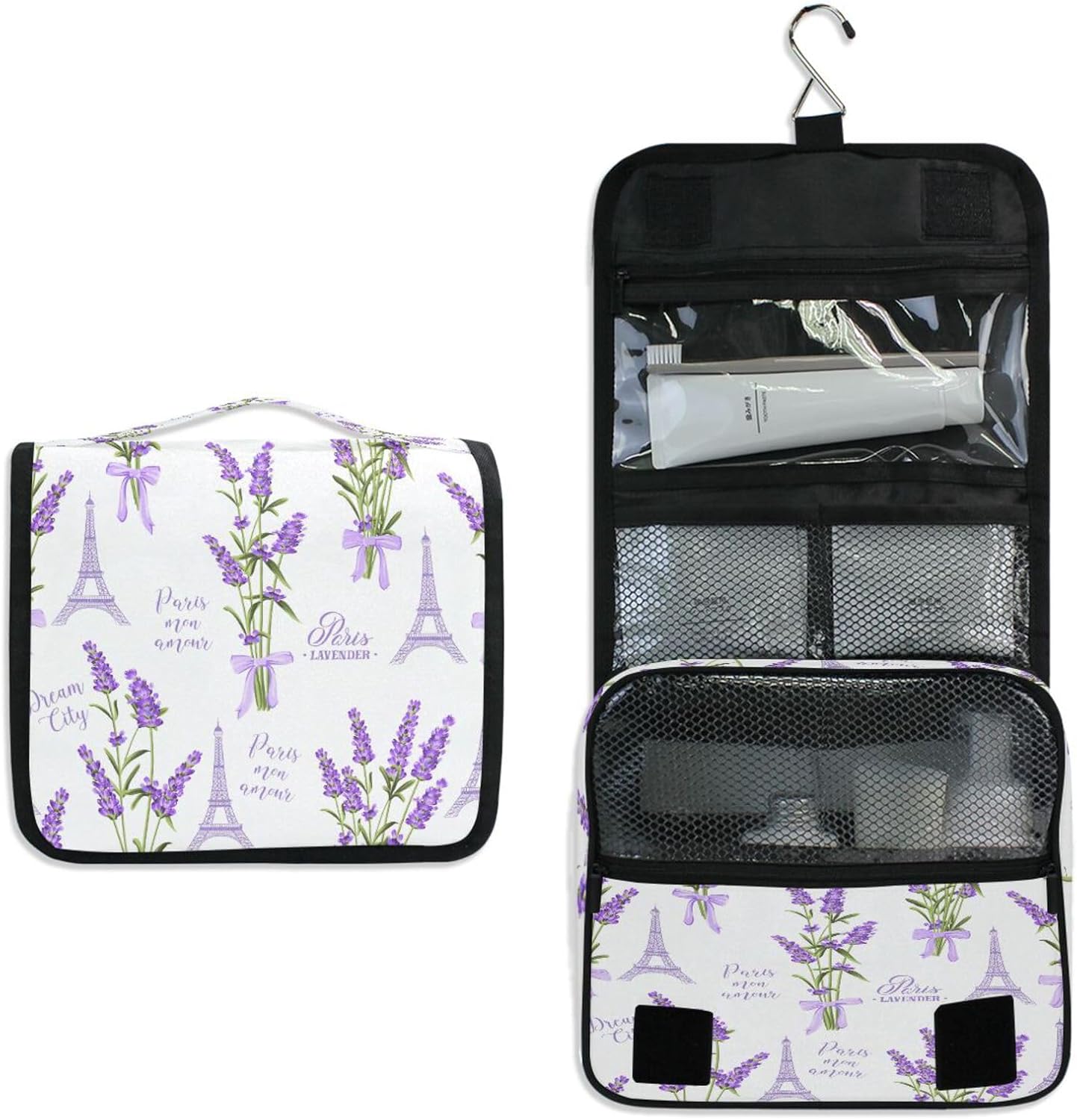 Neceser colgante, lavanda de París, Torre Eiffel, acuarela, hojas, palmeras, árbol, bolsa de maquillaje portátil, organizador de viaje para mujeres