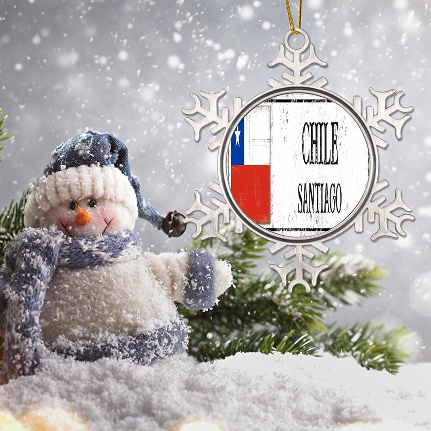 CowkissSign Chile – Adorno de Navidad de copo de nieve de metal, decoración de árbol de Santiago, adorno colgante de Navidad, recuerdo de la ciudad,