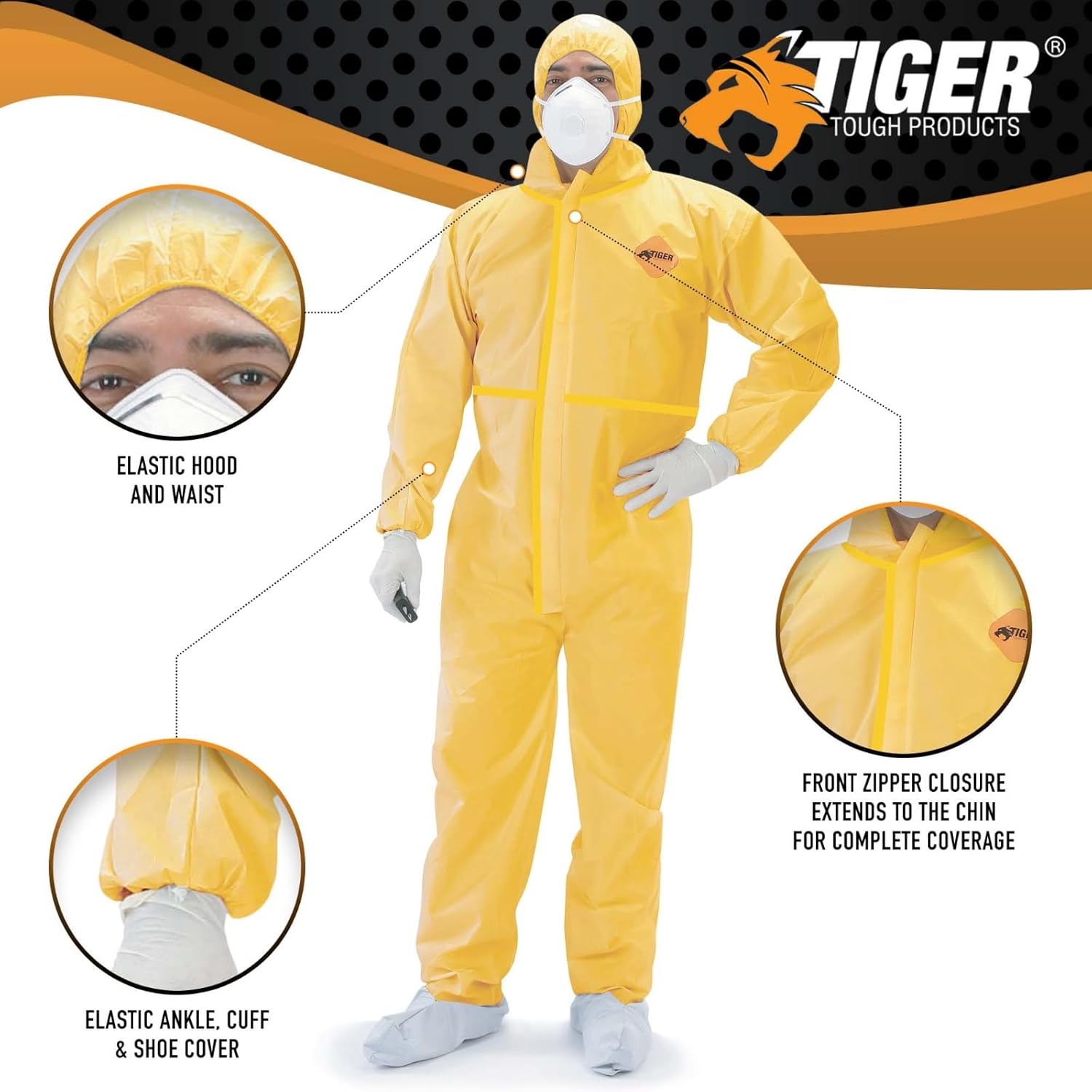 Tiger Tough – Overol de protección química resistente  Trajes de materiales peligrosos con capucha y cremallera  Traje químico amarillo duradero