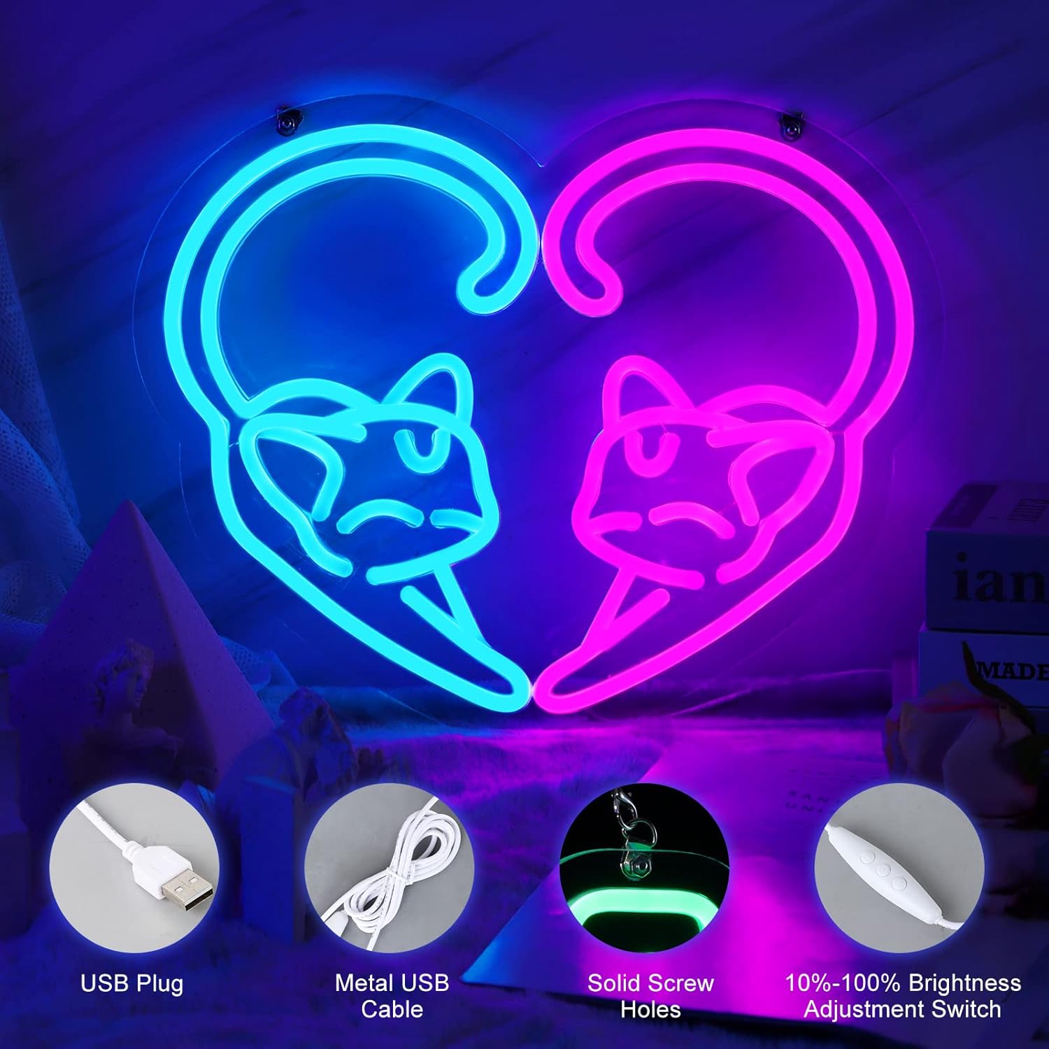 Letrero de neón con diseño de gato para niños, luces de neón LED, decoración de pared para amantes de los gatos, dormitorio, sala de juegos, USB