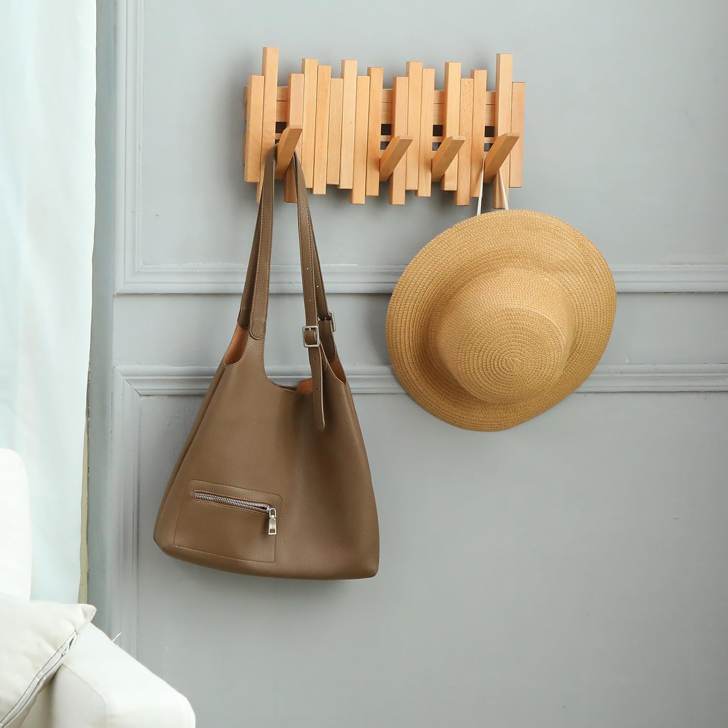 Perchero de madera natural para piano de pared  Perchero de pared  Perchero de pared abatible con 5 ganchos  Almacenamiento de pared de entrada con