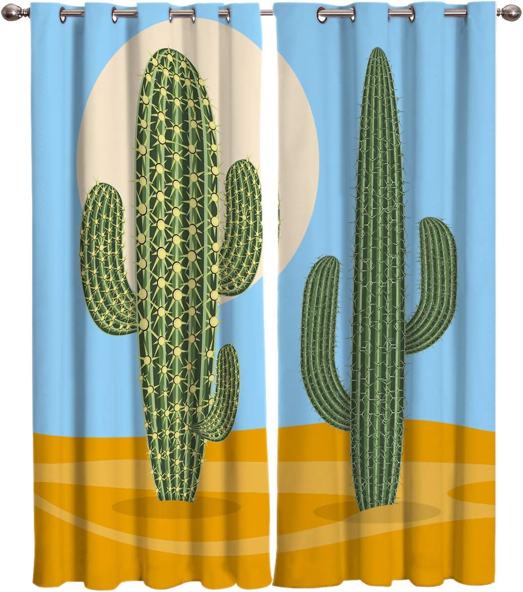 FortuneHouse Blackout Curtains Thermal Insulated Illustration of Desert Cactus Solid Pattern Metal Grommet Elegant Room Drapes Window Curtain for
