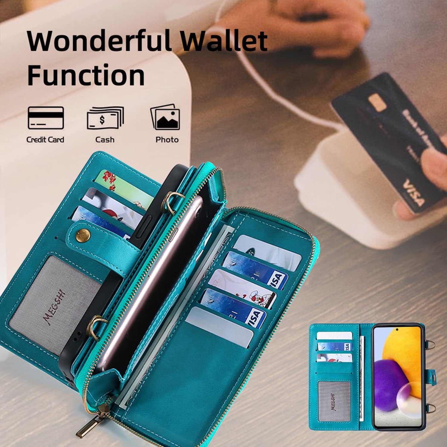 Compatible con Samsung Galaxy A32 5G 2021 6.5 pulgadas Funda tipo cartera con soporte de correa de hombro multifunción 2 en 1 cubierta magnética