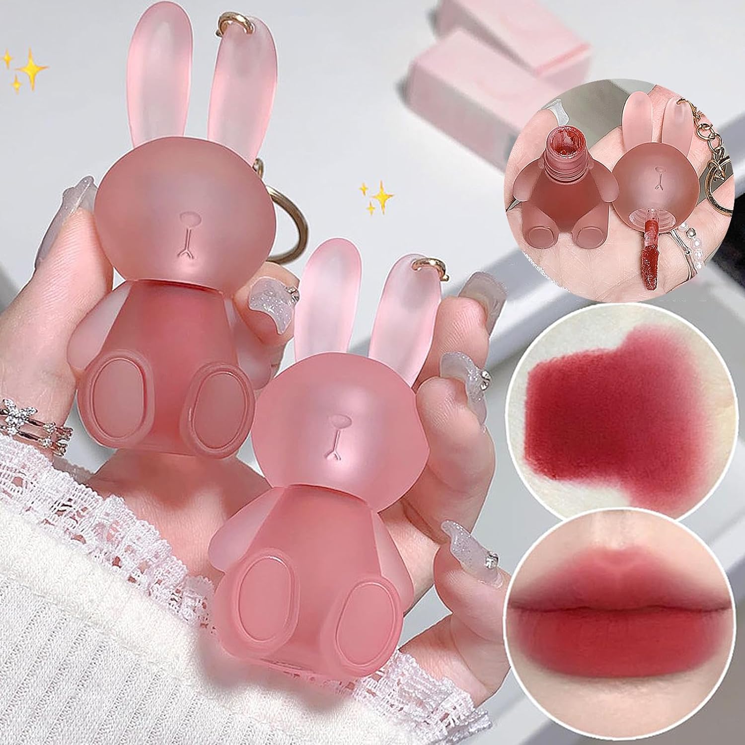Juego de lápices labiales líquidos de terciopelo mate de 6 colores, lindo esmalte de labios de conejo 2 en 1, llavero para brillo de labios, tinte