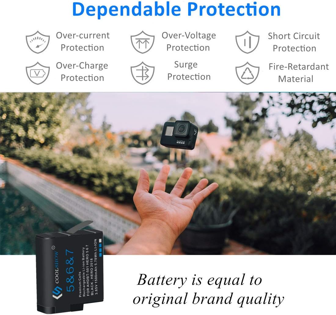 COOLSHOW – Batería de repuesto para Hero 7, 6, 5 (paquete de 2) y cargador Triple Hero 7 compatible con GoPro Hero 7 Black, Hero 6 Black, Hero 5