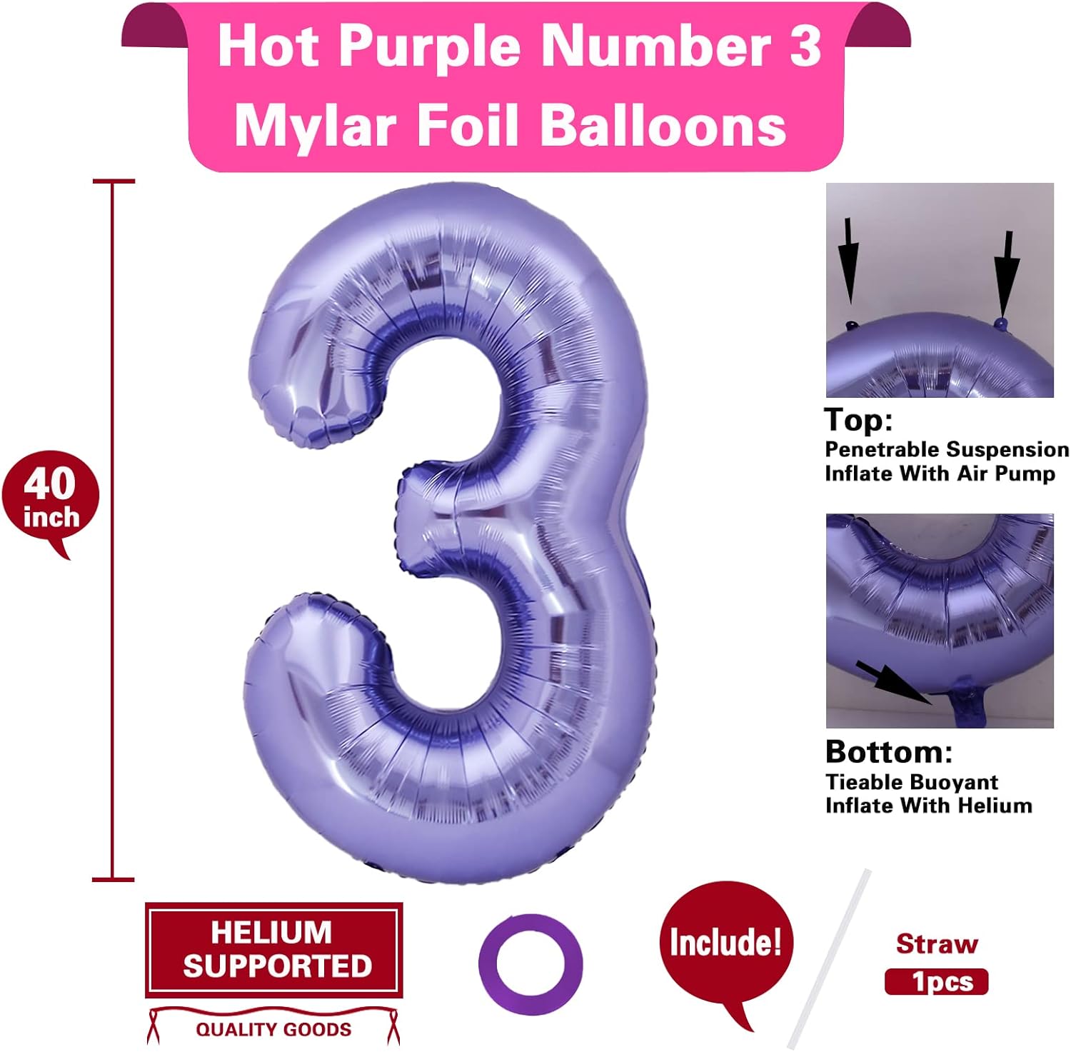 Globo morado gigante de 40 pulgadas con el número 3, globos de aluminio de Mylar con helio para fiestas de cumpleaños, decoraciones de tercer