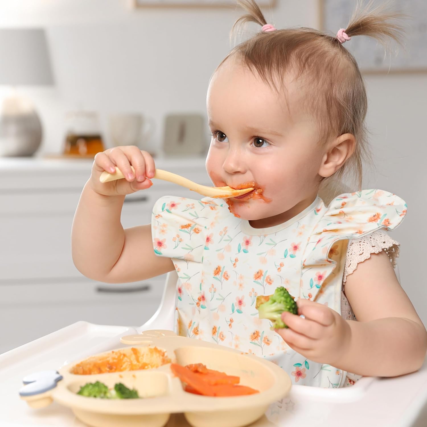 3 delantales para bebés a prueba de desorden para alimentar, baberos de comida con receptor, delantal impermeable ajustable floral, baberos a prueba
