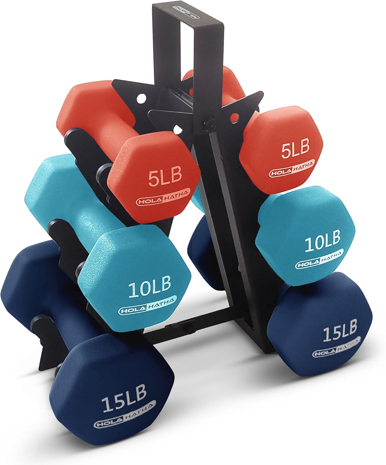 HolaHatha Juego de mancuernas de neopreno de 2, 3, 5, 8 y 10 libras con estante, ideal para ejercicios en casa para ganar tono y definición, color