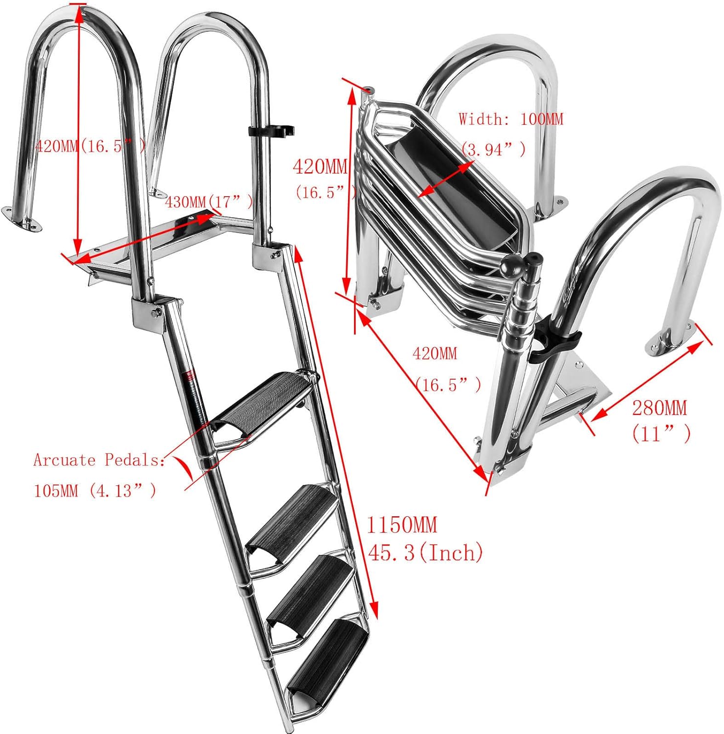 Escalera telescópica para barco de 4 escalones, con barandillas de mano y escalones extra anchos