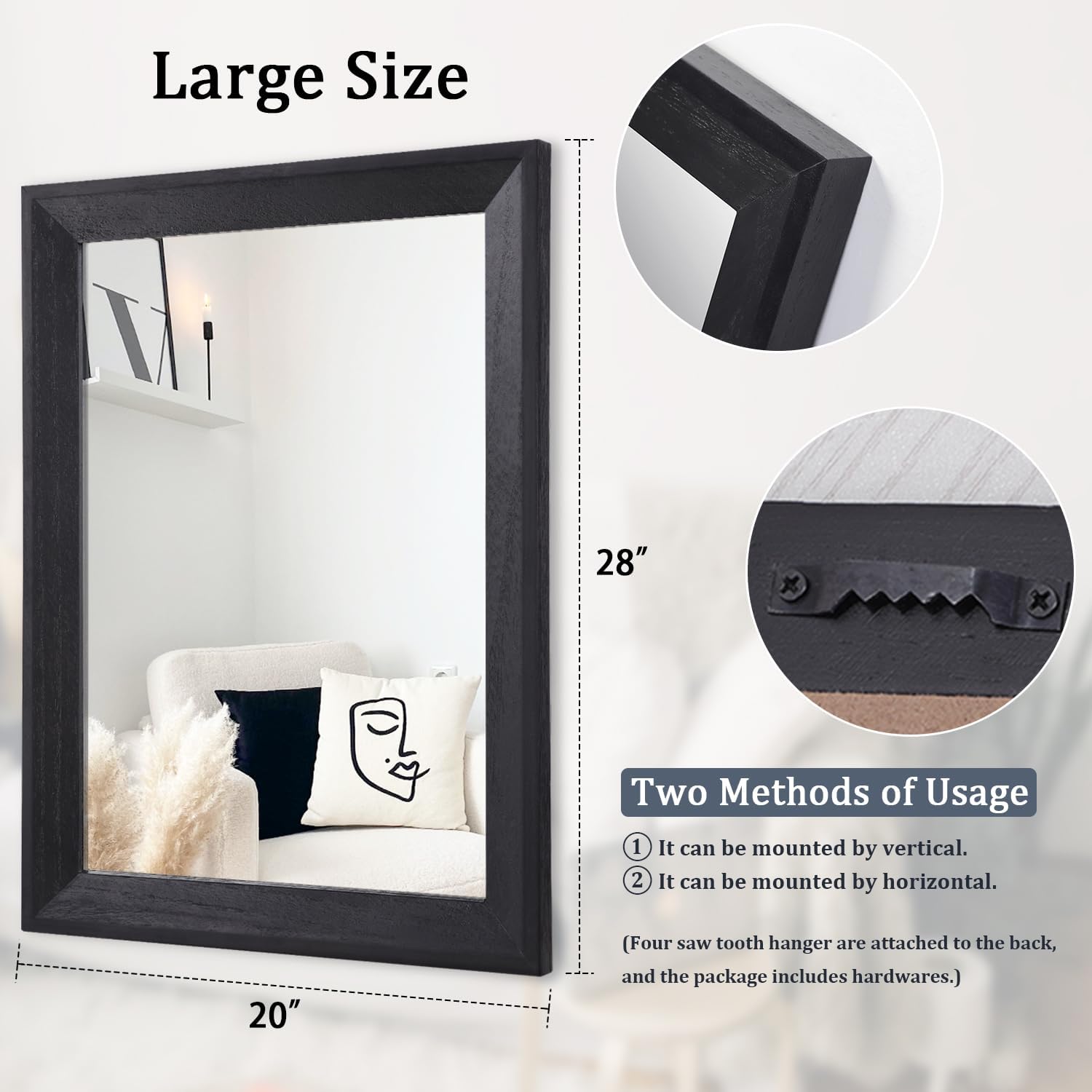 AAZZKANG Espejos grandes para pared, color negro, 28 x 20 pulgadas, rectangular con marco de madera, espejo decorativo de pared para dormitorio,