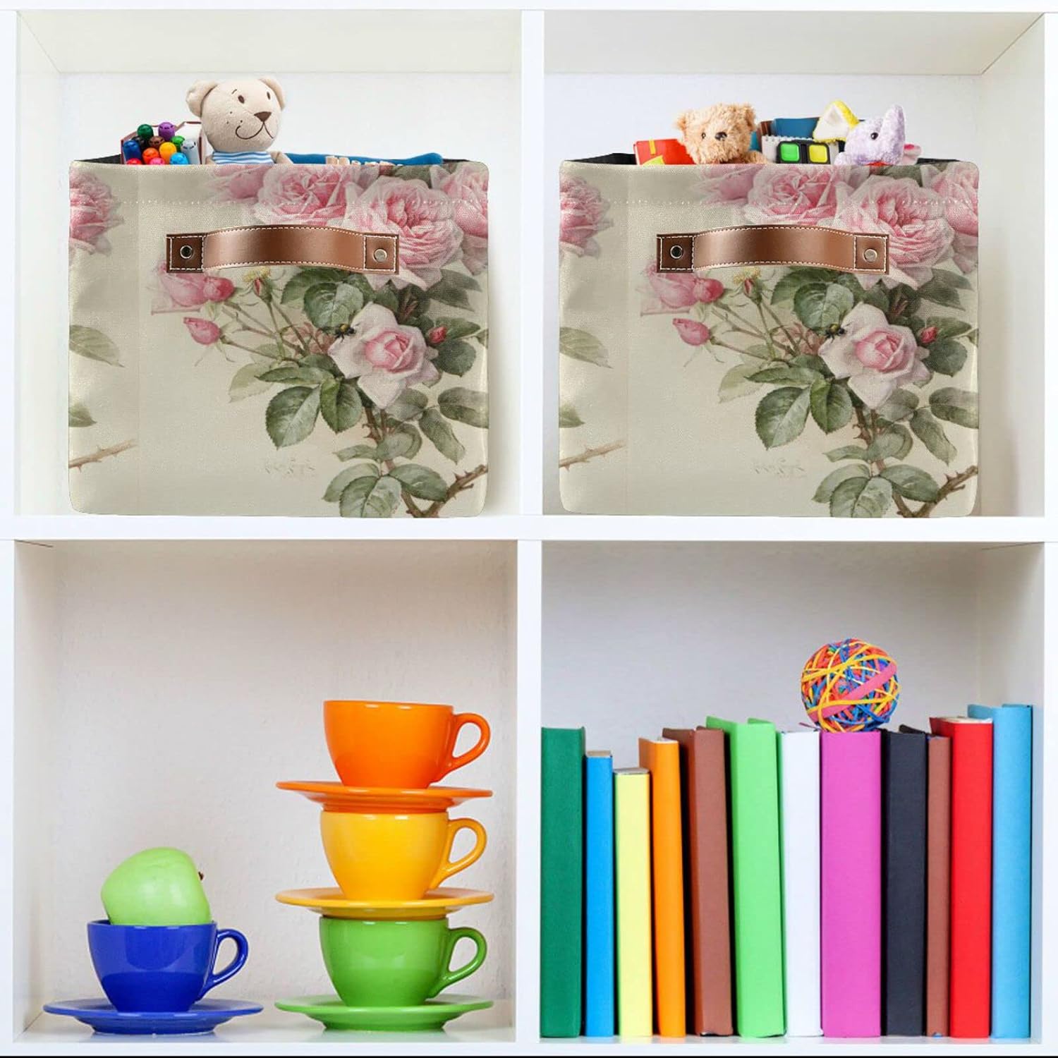 ALAZA Caja de almacenamiento plegable con diseño floral de rosas vintage con asas para estantes, armario, sala de estar, dormitorio, oficina en