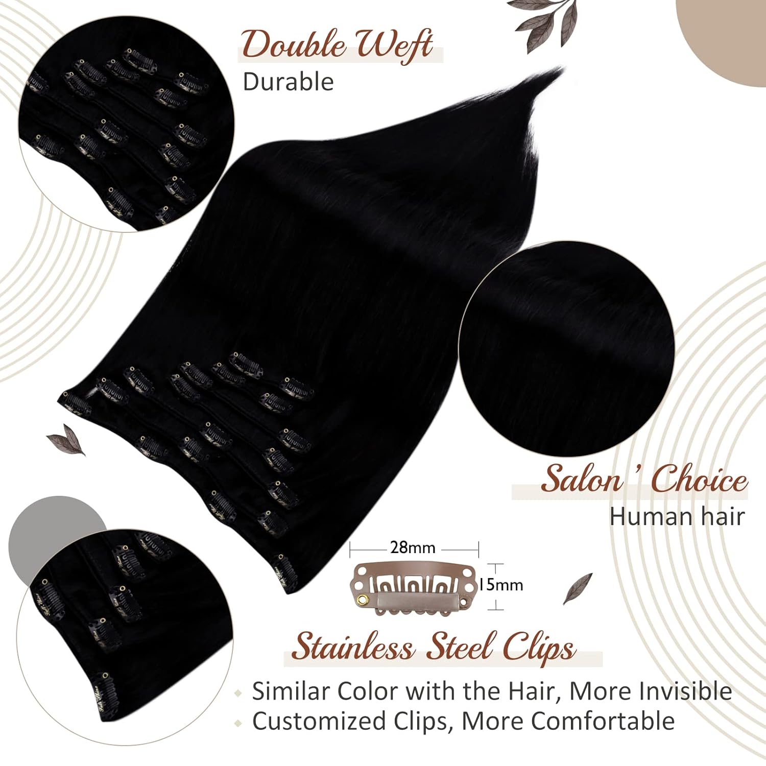 Full Shine – Extensiones de clip de cabello humano, extensiones doble capa de cabello brasileño lacio – Color1, negro azabache, 7piezas, 4.2onzas