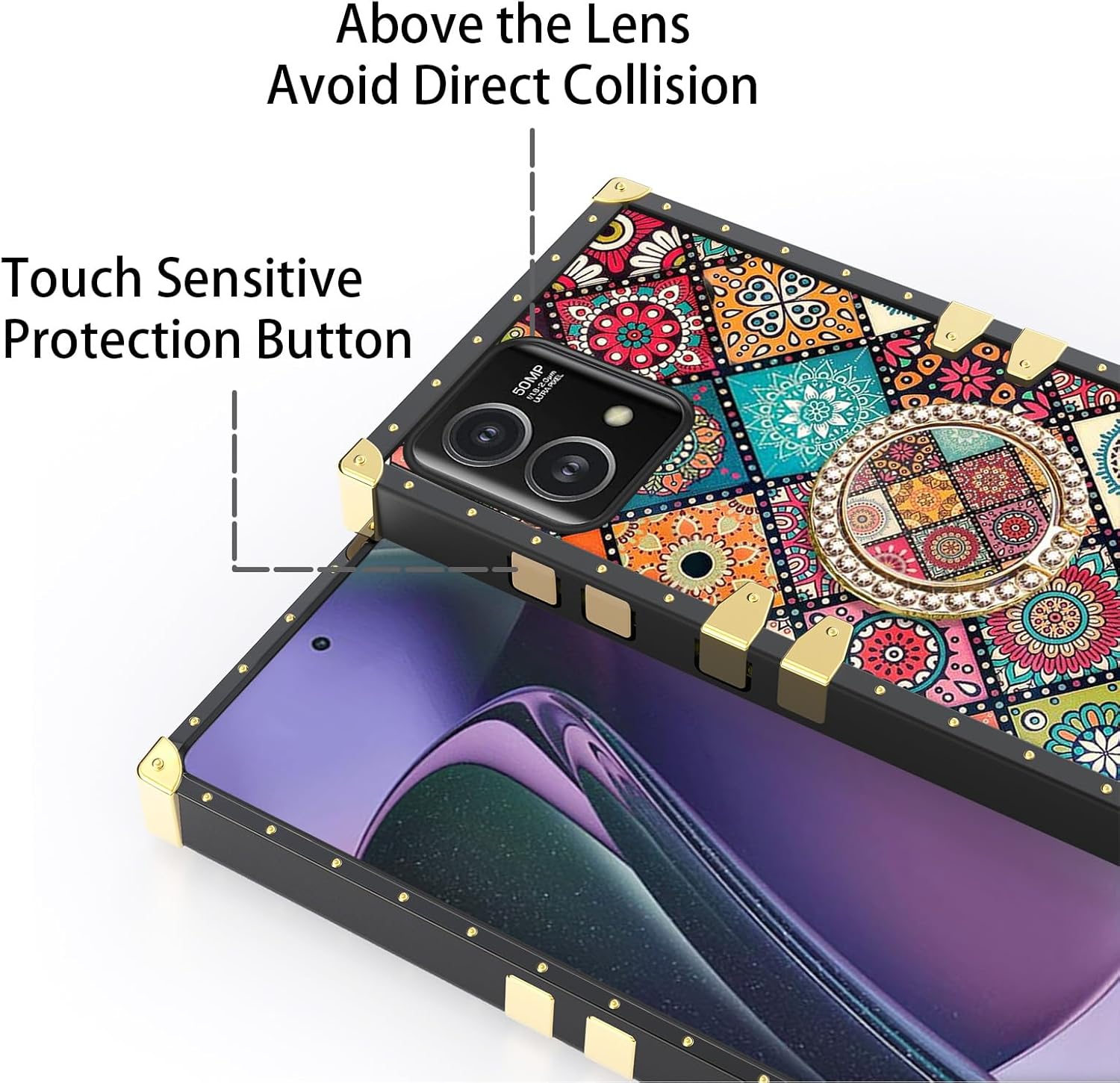 Funda cuadrada para Motorola Moto G Stylus 5G 2023 (no 20224G) con soporte de anillo, diseño de mandala retro de flores, esquinas reforzadas de