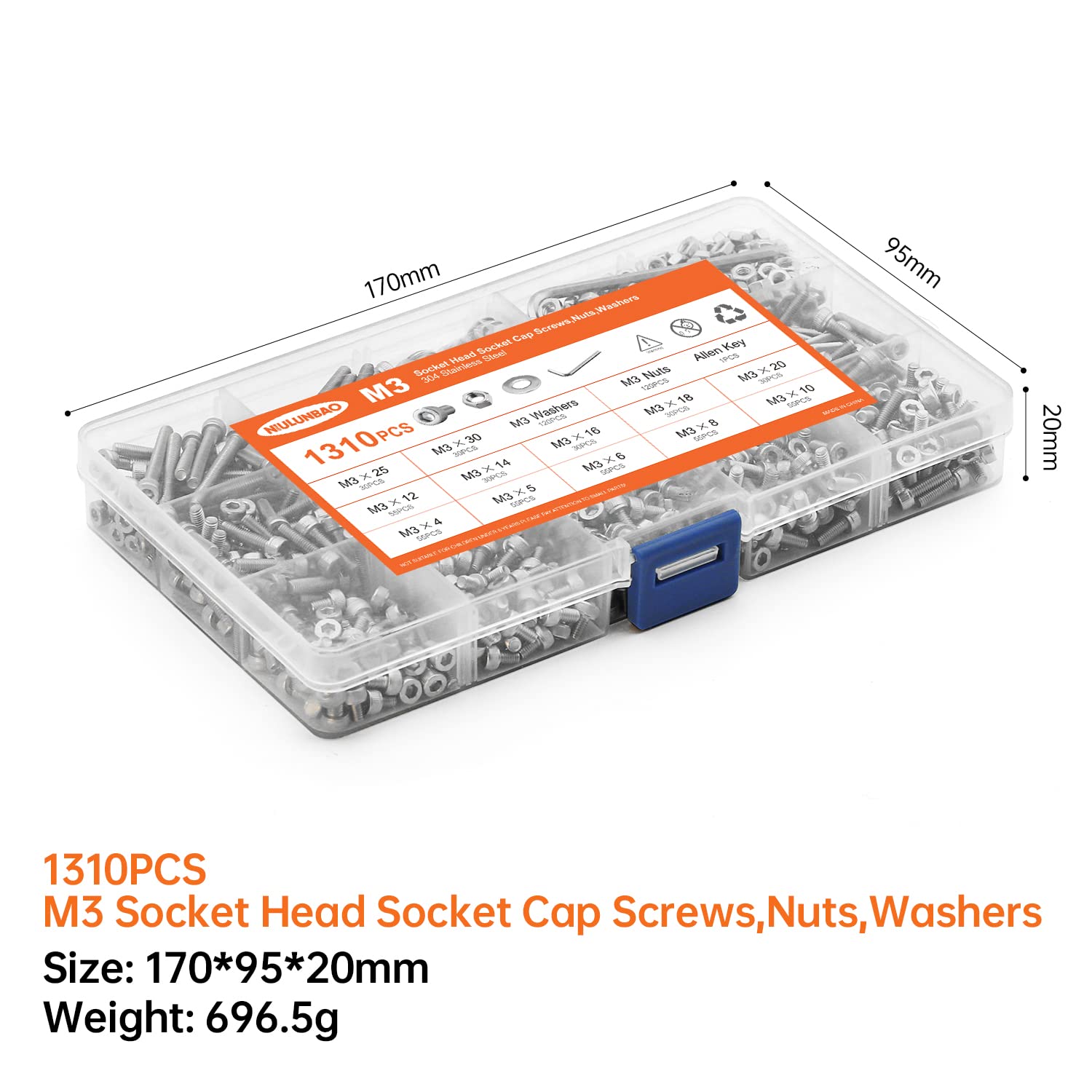 Juego de 1310 tornillos de cabeza hexagonal M3 x 4568101214161820251.181 in, tornillos y tuercas planas, arandelas planas, acero inoxidable 304,