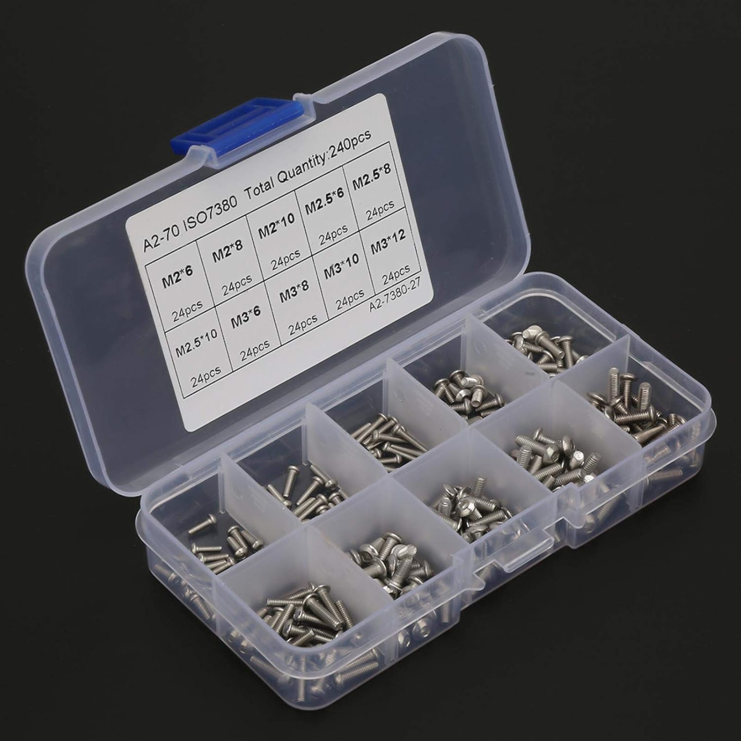 Juego de 240 tornillos hexagonales M2x6 M2x8 M2x10 M3x6 M3x8 M3x10 M3x12 M2.5×6 M2.5×8 M2.5×10 Juego de tuercas hexagonales de acero inoxidable con