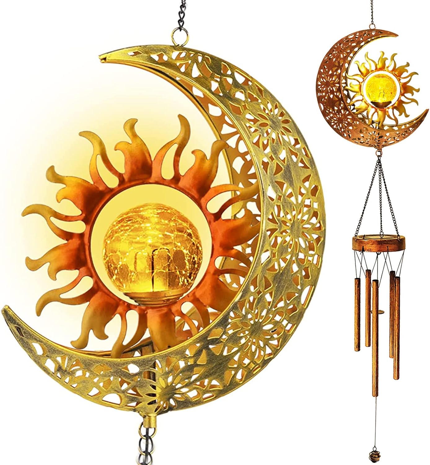 Campanillas de viento solares, para exteriores, jardín, decorativo, con bola agrietada, impermeable, de metal, LED, para colgar (luna y sol)
