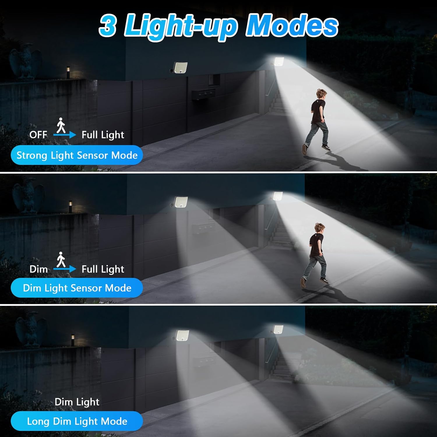 Luces solares para exteriores, 256 luces LED de seguridad con sensor de movimiento con control remoto, cable de 16.4 pies, impermeable IP65, 3