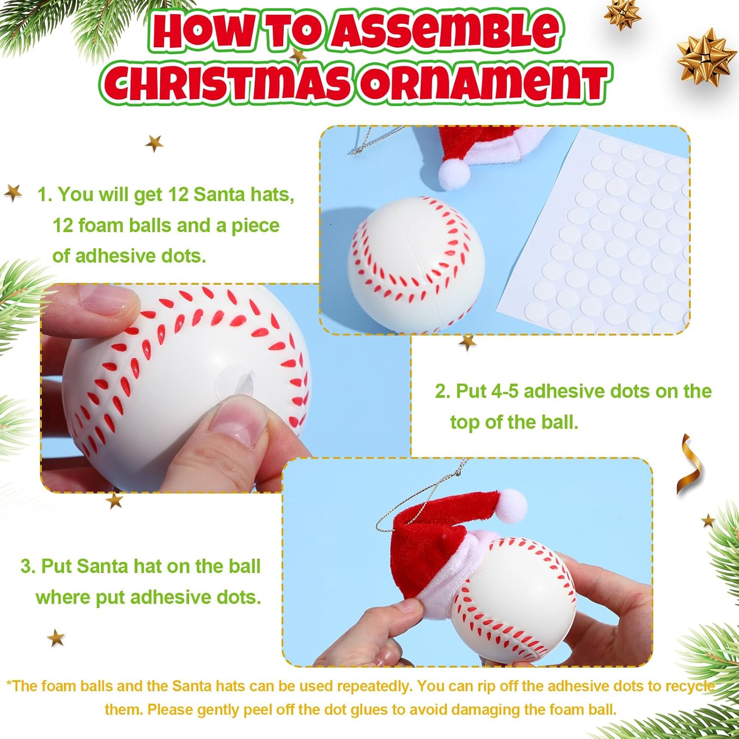 12 bolas deportivas de Navidad con sombrero de Papá Noel extraíble para adornos de árbol de Navidad, regalos de Navidad, decoración del hogar,