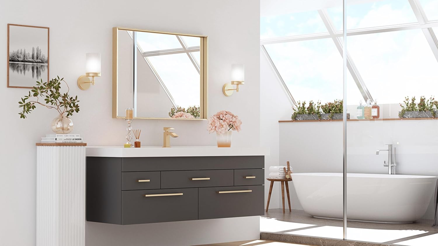 TETOTE Espejo de baño dorado cepillado de 40 x 30 pulgadas, espejo rectangular con marco dorado para tocador de baño, espejo de pared grande y