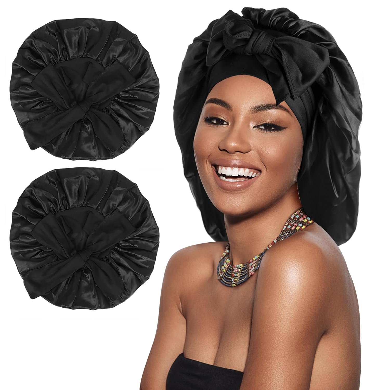Arqumi Paquete de 2 gorros de satén para dormir, gorro de dormir grande de satén con correa larga elástica, gorro de dormir ajustable para mujeres y