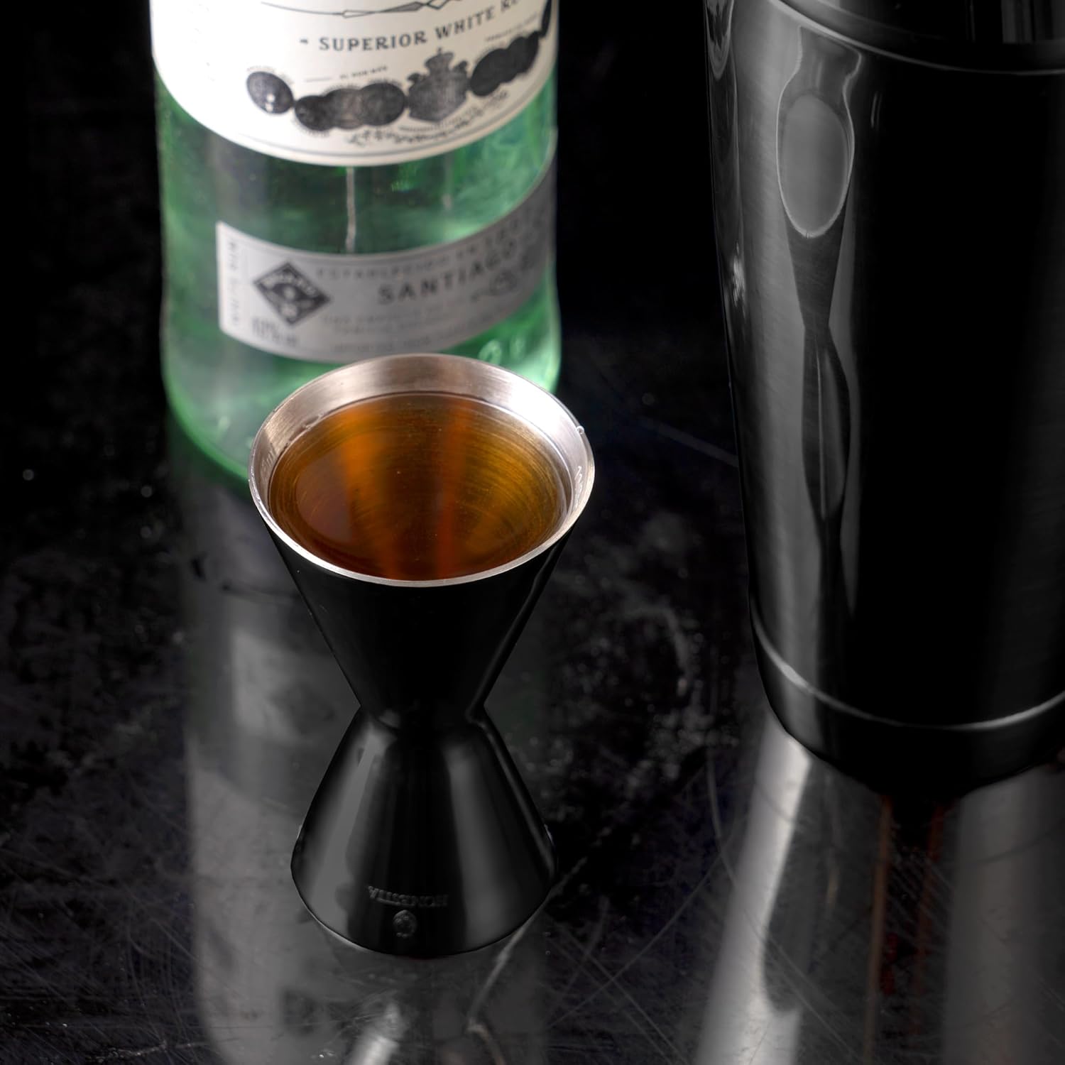 Homestia Jigger de cóctel doble minimalista con medidas (onzas y ml y cucharadas), jigger negro para medir tiro de barman, jigger de medición de