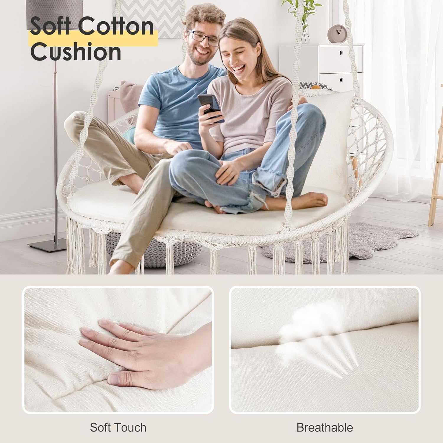 Silla oscilante doble, silla colgante grande de macramé con 3 cojines y accesorios de montaje, silla columpio tejida a mano para dormitorio, patio,
