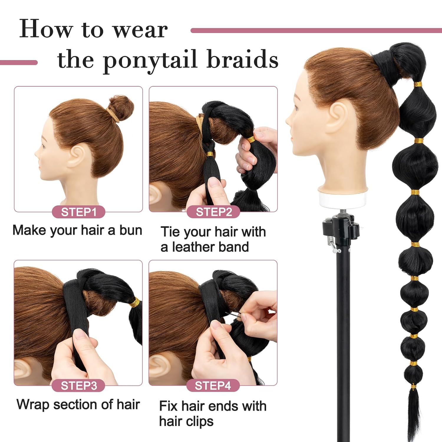 Benehair Extensión de cola de caballo larga de burbujas para mujer, cola de caballo afro negra, trenzada, con banda para el cabello, extensiones de