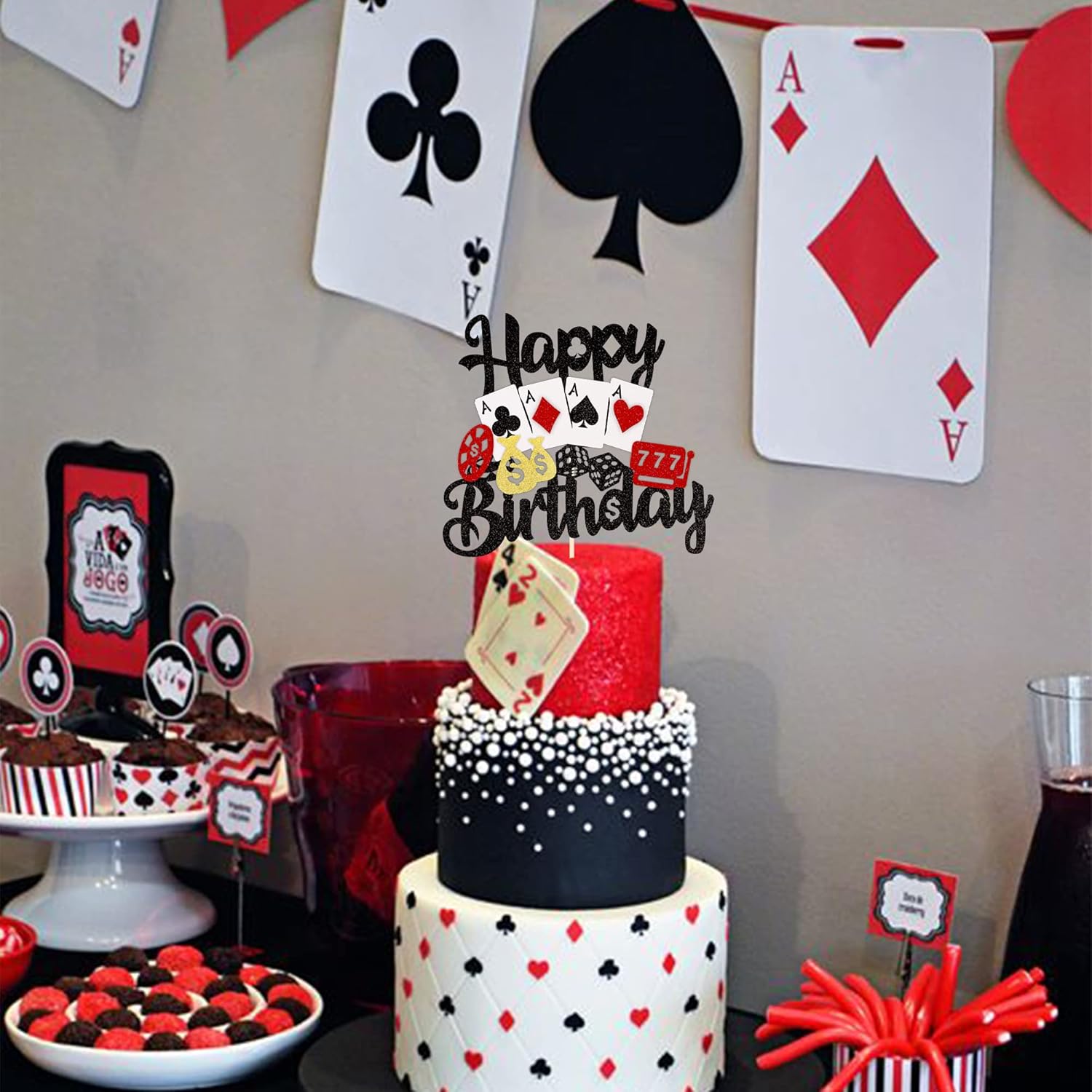 1 pieza de decoración de pastel de casino juego de fichas de juego de póquer feliz cumpleaños pastel Pick decoraciones para Las Vegas Casino noche