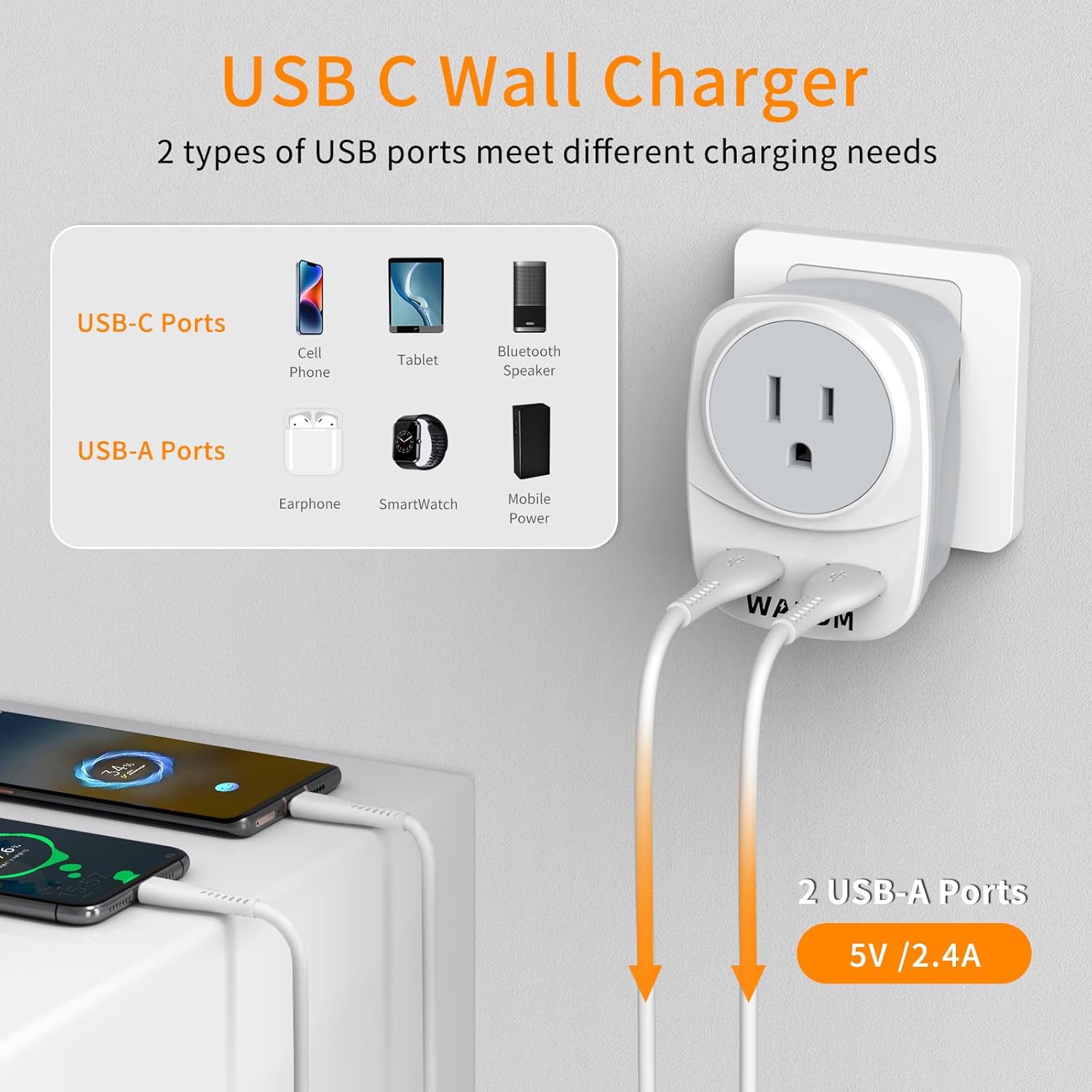 Adaptador de corriente de viaje de Alemania Francia, convertidor de enchufe tipo EF con 2 puertos USB y 2 puertos USB C, 1 toma de CA, adaptador de