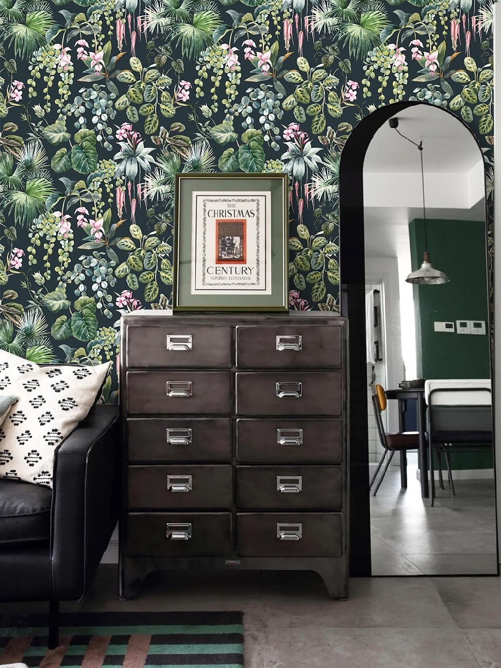 Ismoon Papel tapiz floral oscuro para despegar y pegar, papel tapiz tropical, papel de contacto verde, papel de contacto verde, papel tapiz de