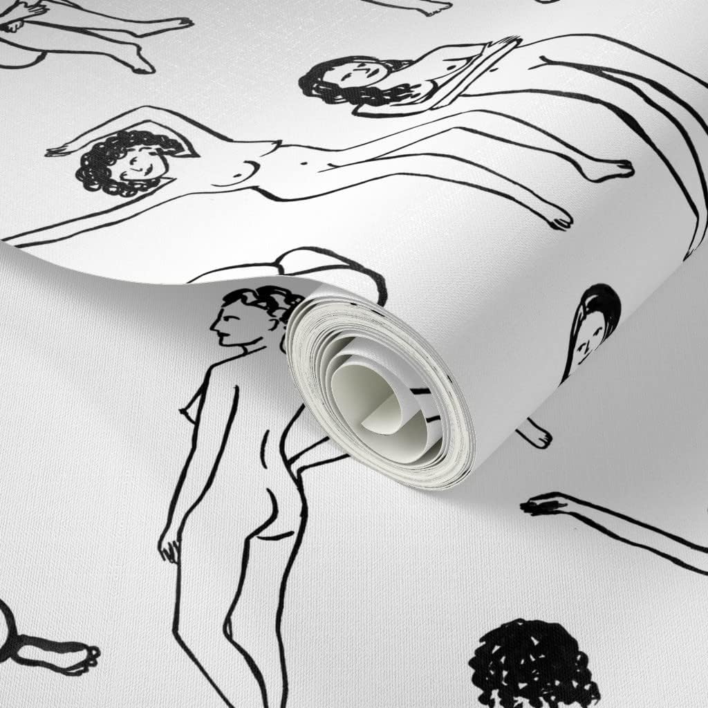 Spoonflower Papel tapiz para despegar y pegar – Mujeres Blanco Negro Mujer Niña Poder Vida Dibujo Cuerpo Mujer Salud Personalizado Papel pintado