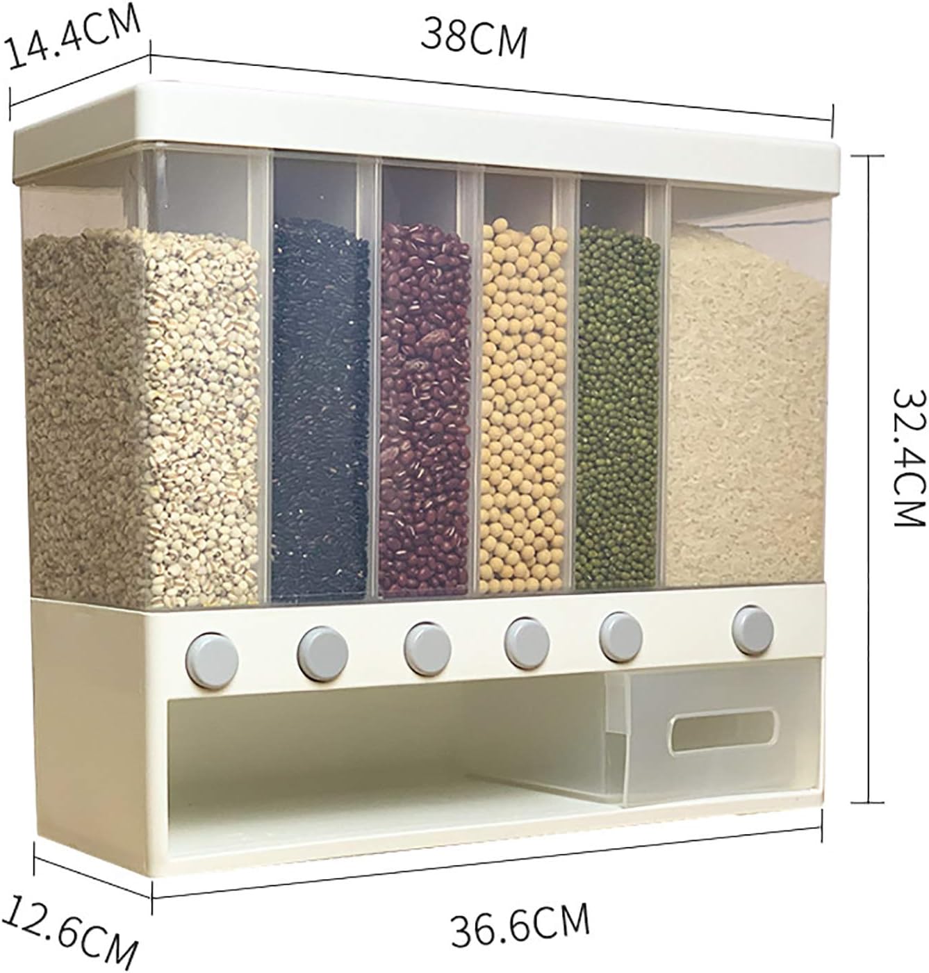 Eapmic Dispensador de arroz con taza, dispensador de alimentos secos de 5 rejillas montado en la pared, contenedor de almacenamiento de cereales