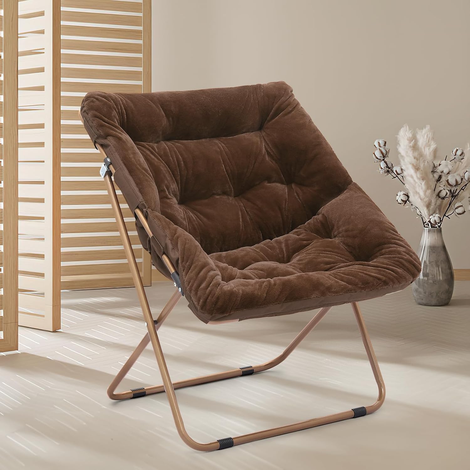 Magshion Silla cuadrada plegable de gran tamaño con platillo de luna para adultos, silla grande y acogedora para dormitorio, color marrón