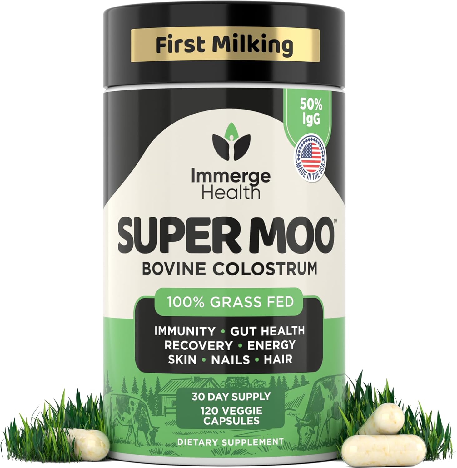 Calostro bovino alimentado con pasto Super Moo – 120 cápsulas – Salud intestinal, recuperación muscular, energía, cabello, piel y suplemento