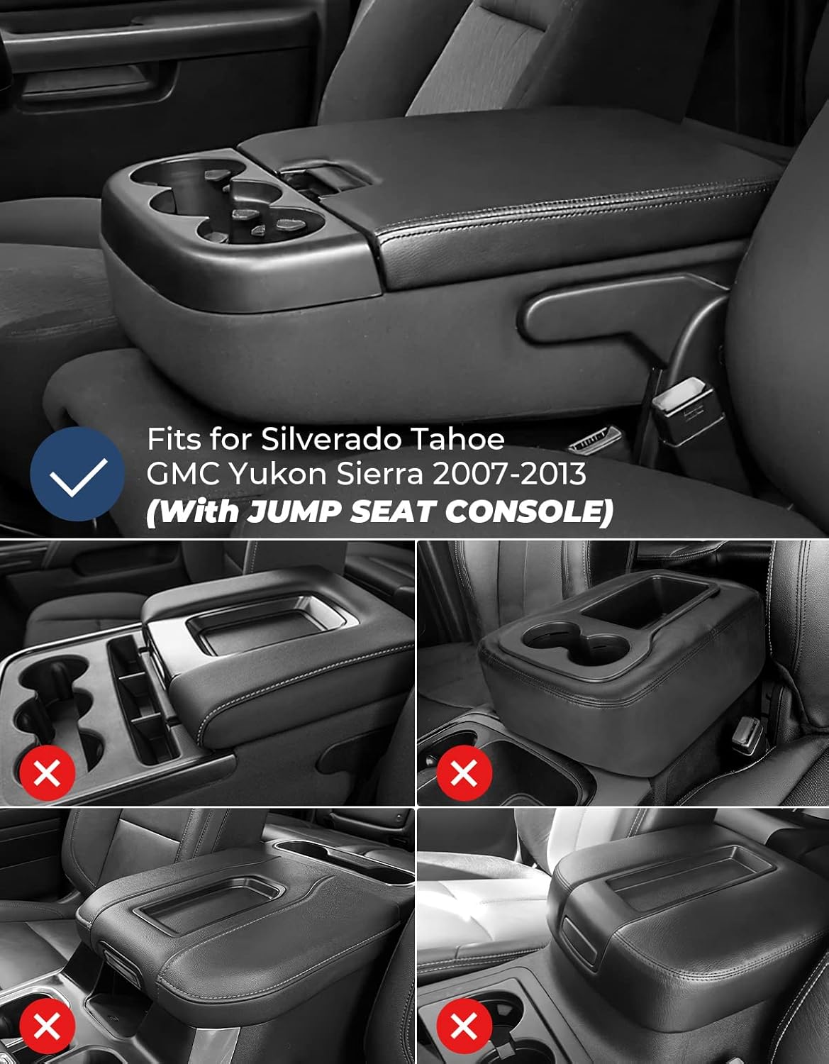 ISSYAUTO Funda de consola central compatible con Silverado Tahoe Sierra Yukon Suburban 2007-2013 Jump Seat Console Funda de cuero para reposabrazos
