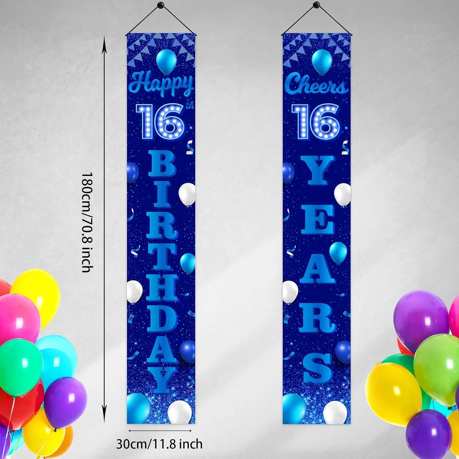 Cartel de feliz cumpleaños número 16, color azul y negro, decoración temática de globos de confeti para niñas de 16 años, decoraciones de fiesta de