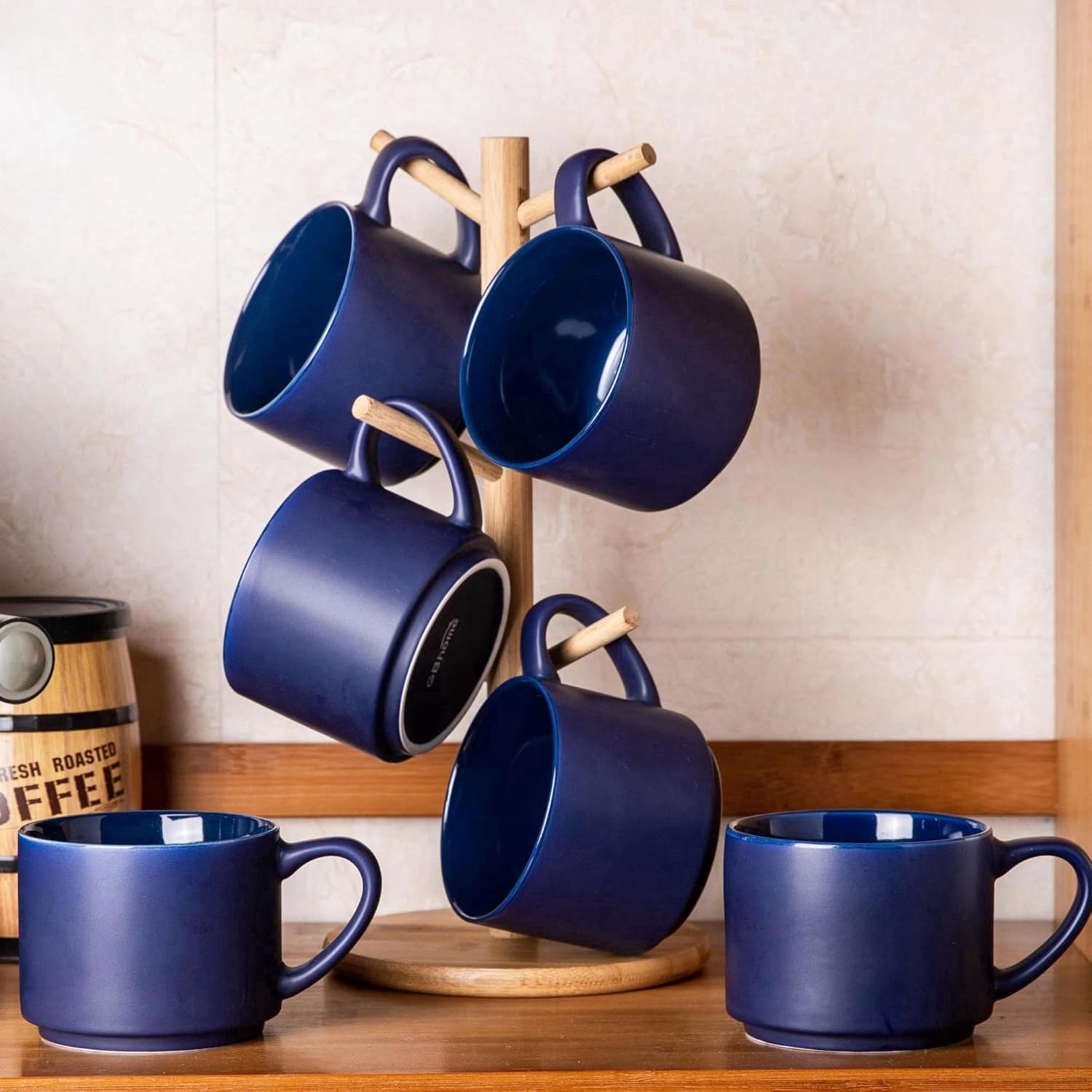 GBHOME Juego de 6 tazas de café de 14 onzas, tazas de cerámica apilables para hombres y mujeres, tazas de café modernas con base estable para café